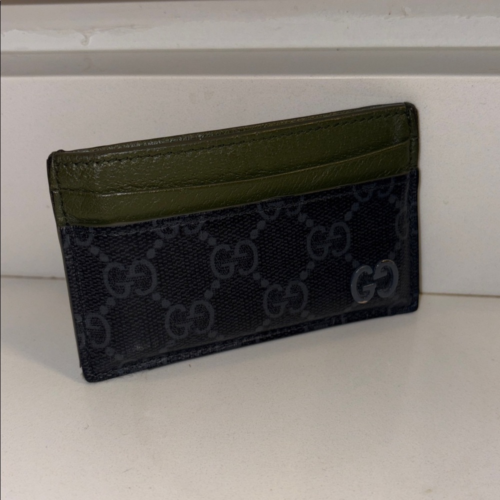 💯 authentic Gucci Olive Leather GG Supreme Monogram Bi-Color Card Holder Black - Picture 12 of 12